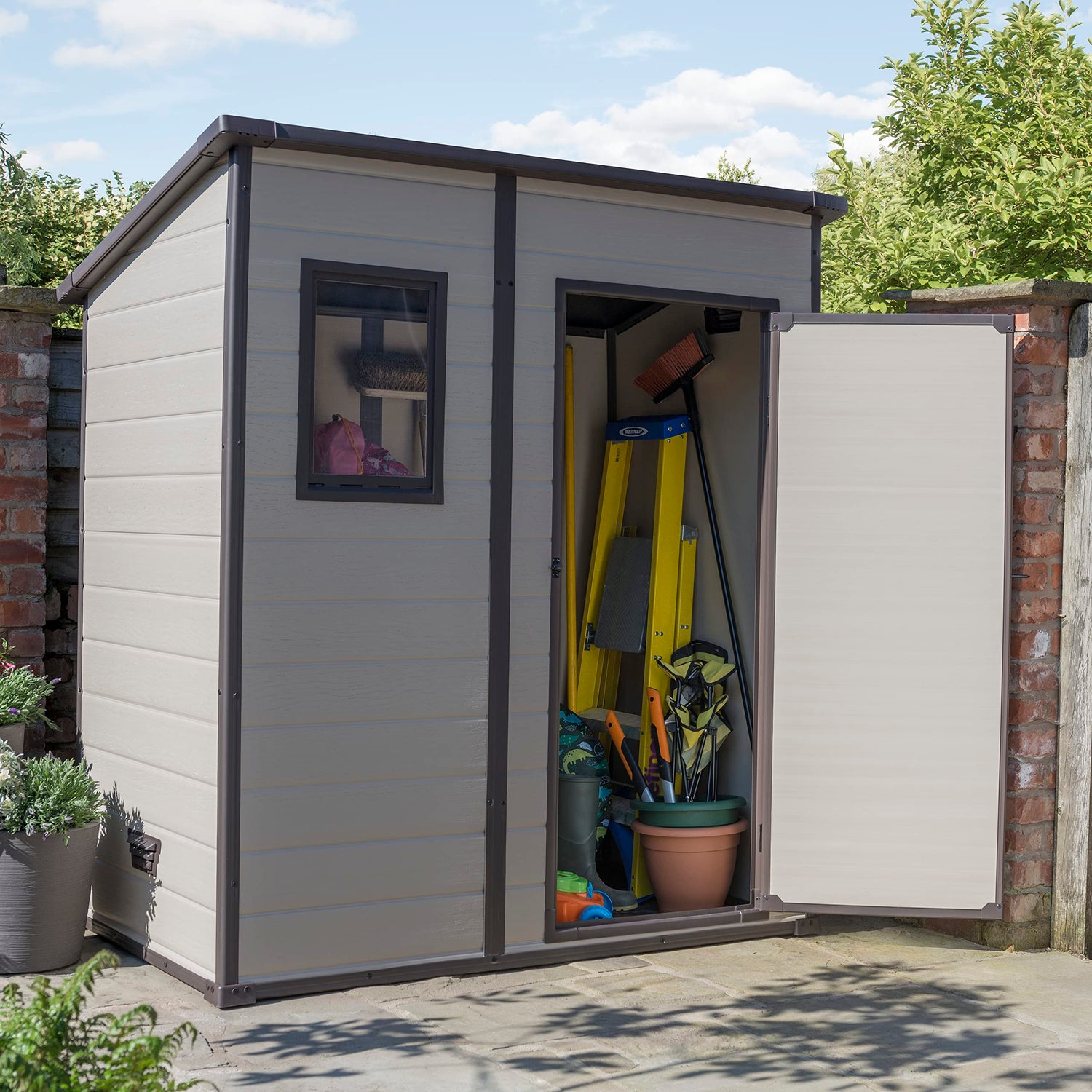 Keter Manor Outdoor Pent Single Door Garden Storage Shed 6 x 4ft Beige Brown Wood Effect